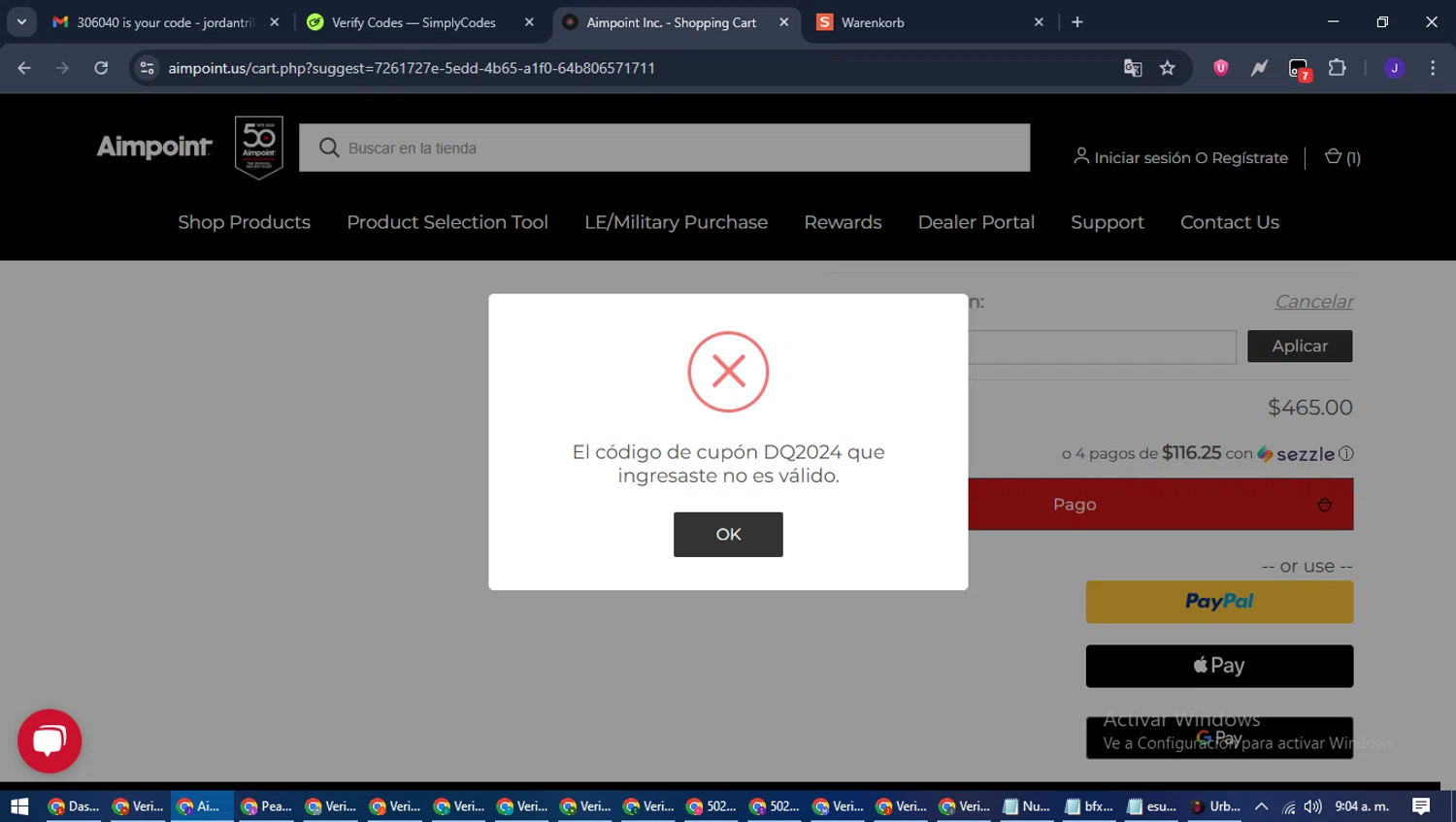 Aimpoint coupon code screenshot showing code DQ2024 applied at Aimpoint checkout page. Uploaded by SimplyCodes community member LegendaryLegend9872 on Jul 11, 2025
