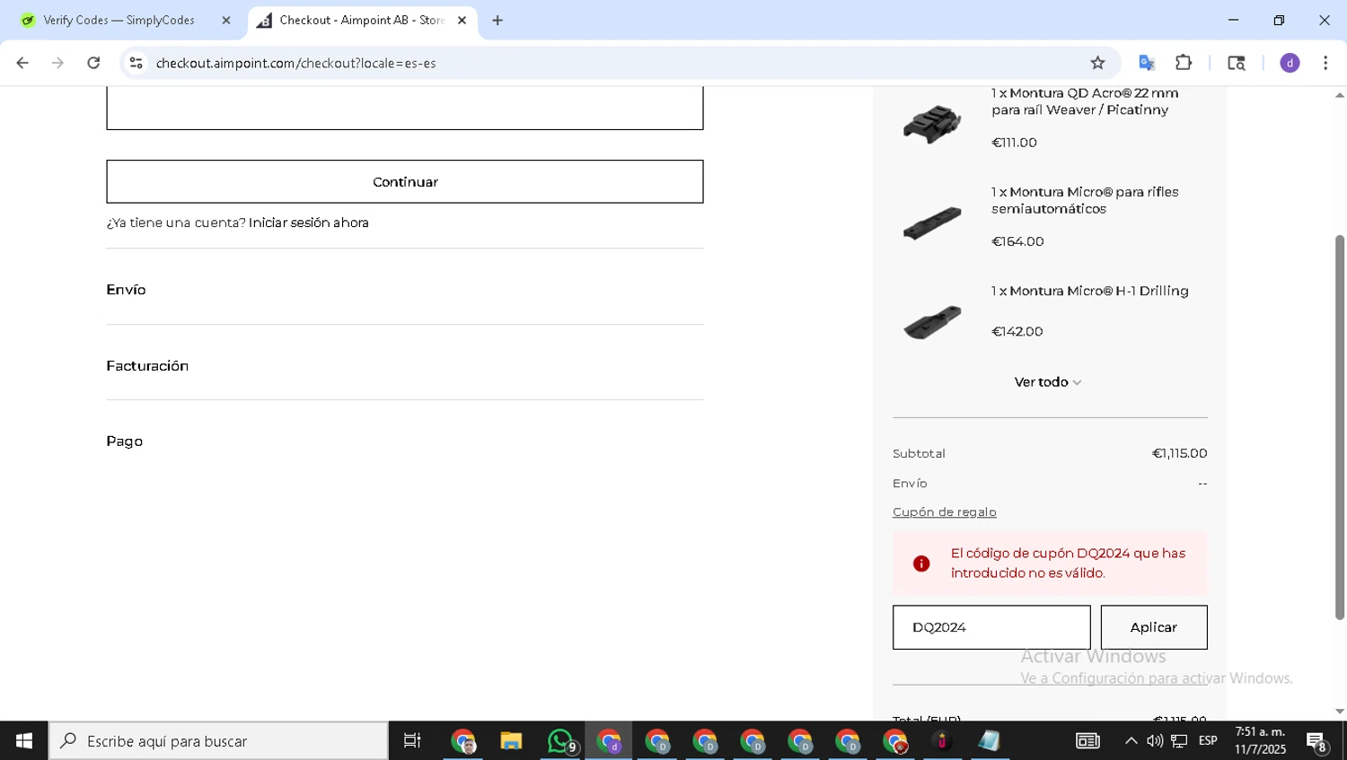 Aimpoint coupon code screenshot showing code DQ2024 applied at Aimpoint checkout page. Uploaded by SimplyCodes community member ShieldSeeker6695 on Jul 11, 2025