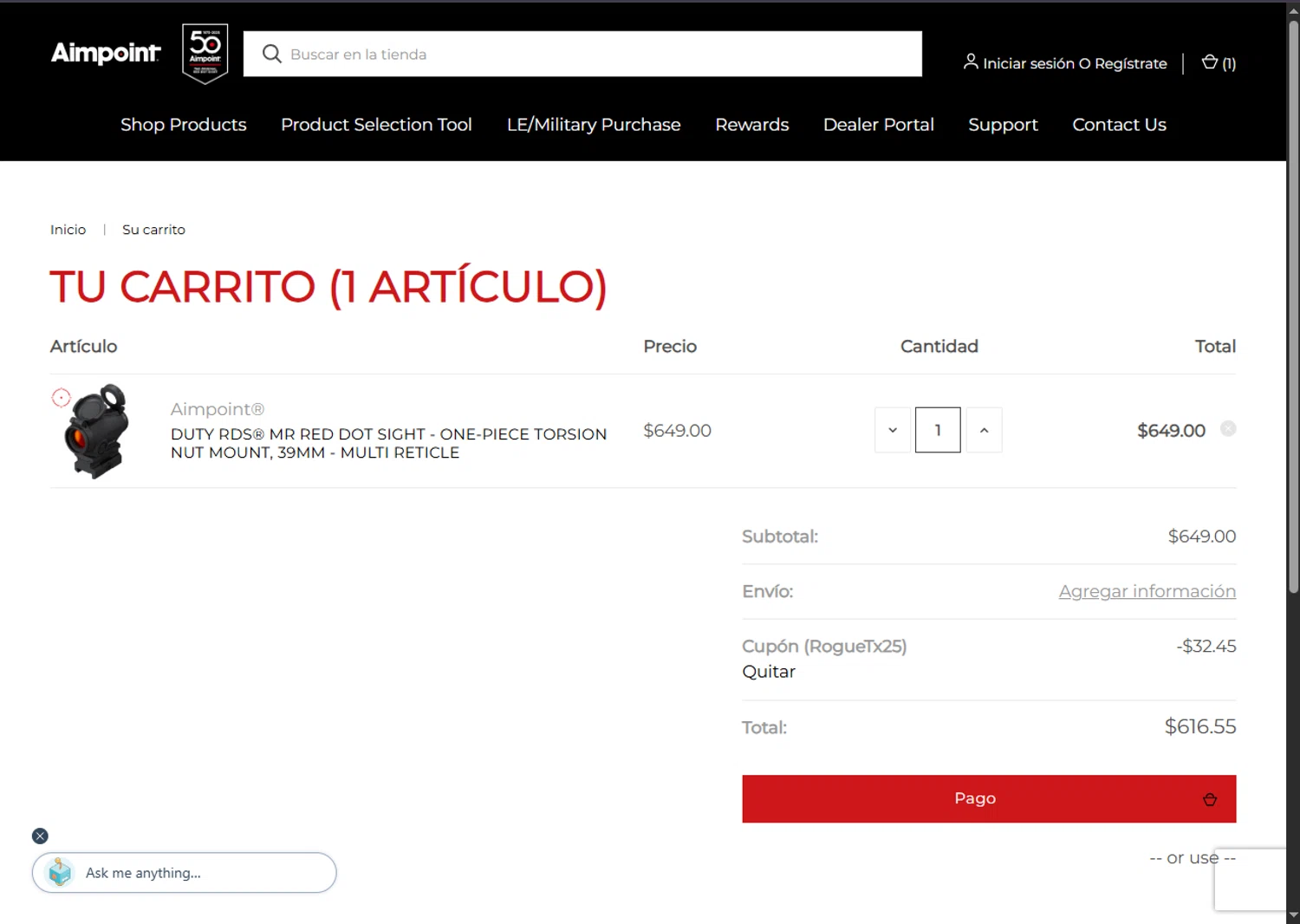 Aimpoint coupon code screenshot showing code RogueTx25 applied at Aimpoint checkout page. Uploaded by SimplyCodes community member SalePhoenix2220 on Oct 4, 2025