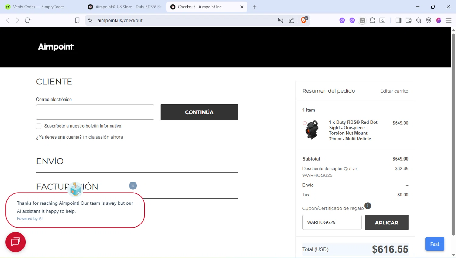 Aimpoint coupon code screenshot showing code WARHOGG25 applied at Aimpoint checkout page. Uploaded by SimplyCodes community member PocoyoTraihard on Sep 23, 2025