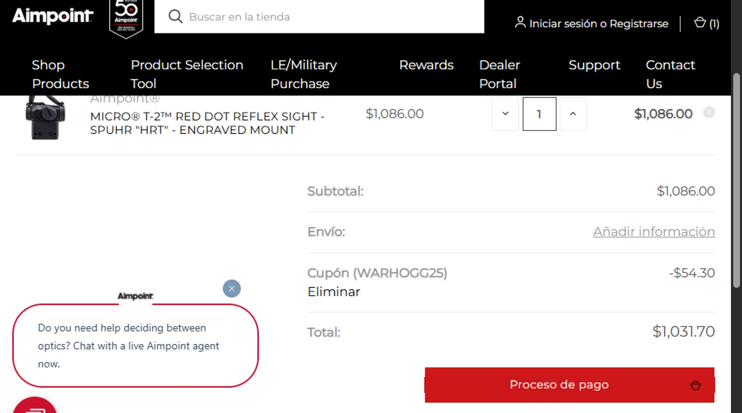 Aimpoint coupon code screenshot showing code WARHOGG25 applied at Aimpoint checkout page. Uploaded by SimplyCodes community member ashe1986 on Aug 25, 2025