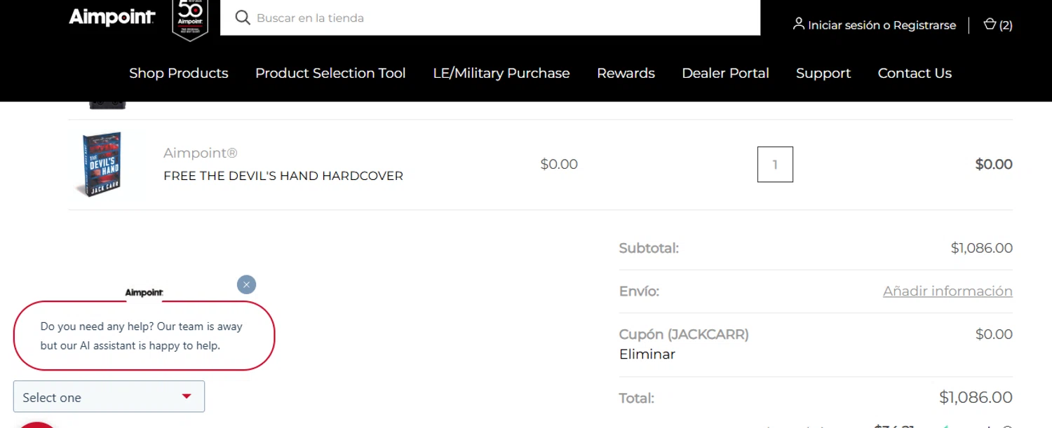 Aimpoint coupon code screenshot showing code JACKCARR applied at Aimpoint checkout page. Uploaded by SimplyCodes community member ashe1986 on Oct 21, 2025