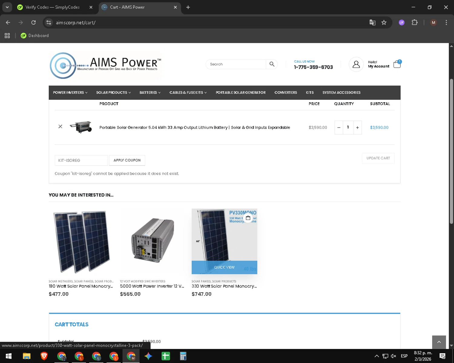 AIMS Power promo code screenshot showing code KIT-ISOREG applied at AIMS Power checkout page. Uploaded by SimplyCodes community member CouponWizard2714 on Mar 3, 2026