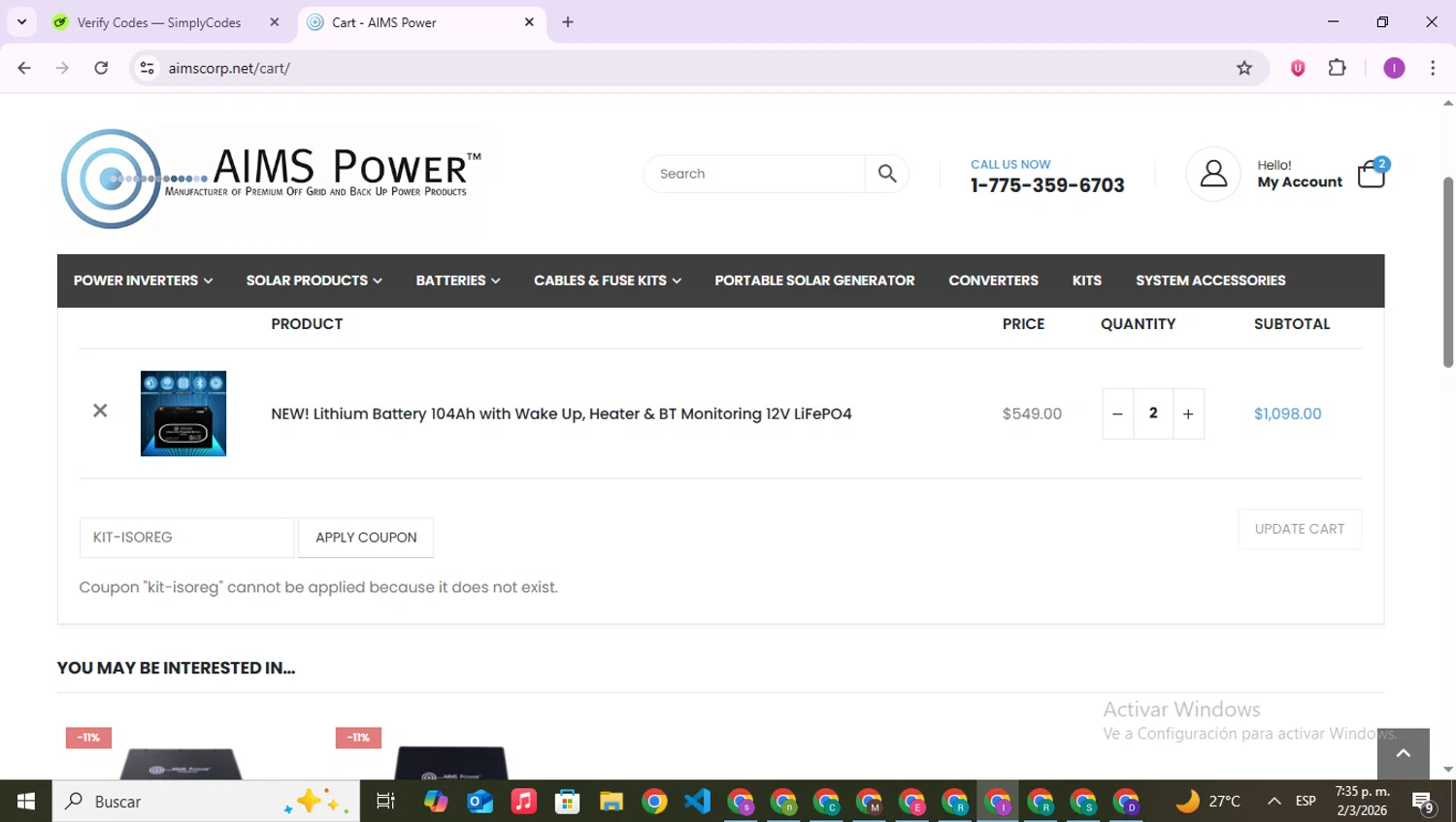 AIMS Power promo code screenshot showing code KIT-ISOREG applied at AIMS Power checkout page. Uploaded by SimplyCodes community member RebateAce6764 on Mar 2, 2026