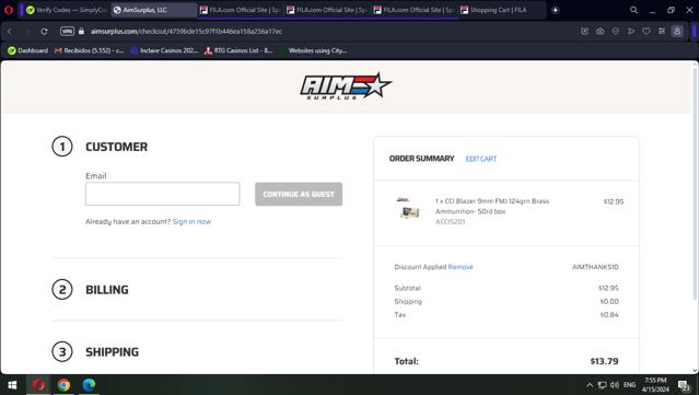 Aim Surplus checkout page showing Aim Surplus discount code box | Screenshot taken by SimplyCodes community member on Apr 15, 2024