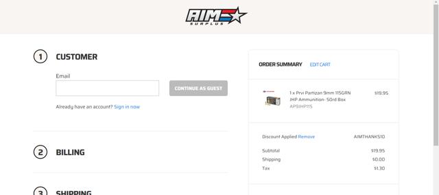 Aim Surplus checkout page showing Aim Surplus discount code box | Screenshot taken by SimplyCodes community member on Mar 2, 2024