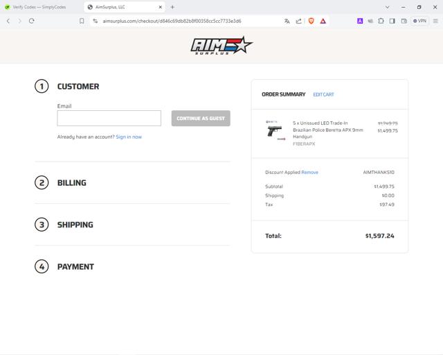 Aim Surplus checkout page showing Aim Surplus discount code box | Screenshot taken by SimplyCodes community member on Jul 14, 2024