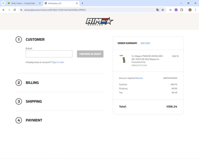 Aim Surplus checkout page showing Aim Surplus discount code box | Screenshot taken by SimplyCodes community member on Jun 13, 2024