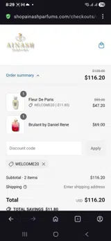 Welcome20 coupon verification screenshot
