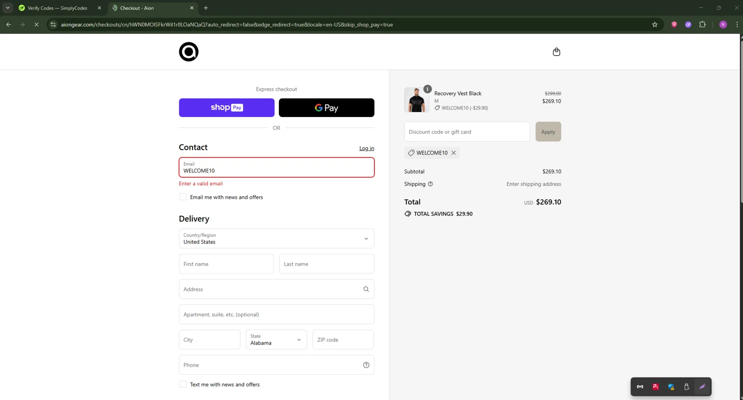 Aion coupon code screenshot showing code WELCOME10 applied at Aion checkout page. Uploaded by SimplyCodes community member RoyalSentinel4577 on Jul 7, 2025