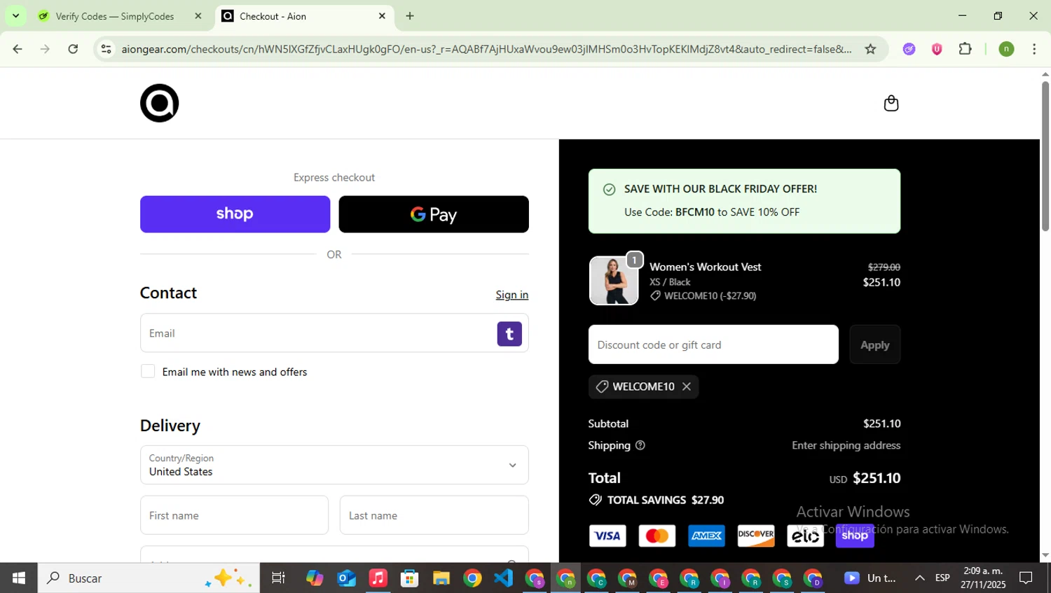 Aion coupon code screenshot showing code WELCOME10 applied at Aion checkout page. Uploaded by SimplyCodes community member SwiftSaver6197 on Nov 27, 2025