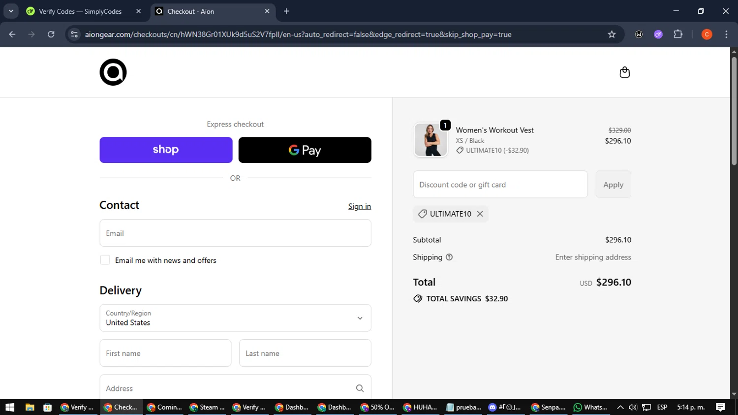Aion coupon code screenshot showing code ULTIMATE10 applied at Aion checkout page. Uploaded by SimplyCodes community member NatanaelCano on Sep 18, 2025