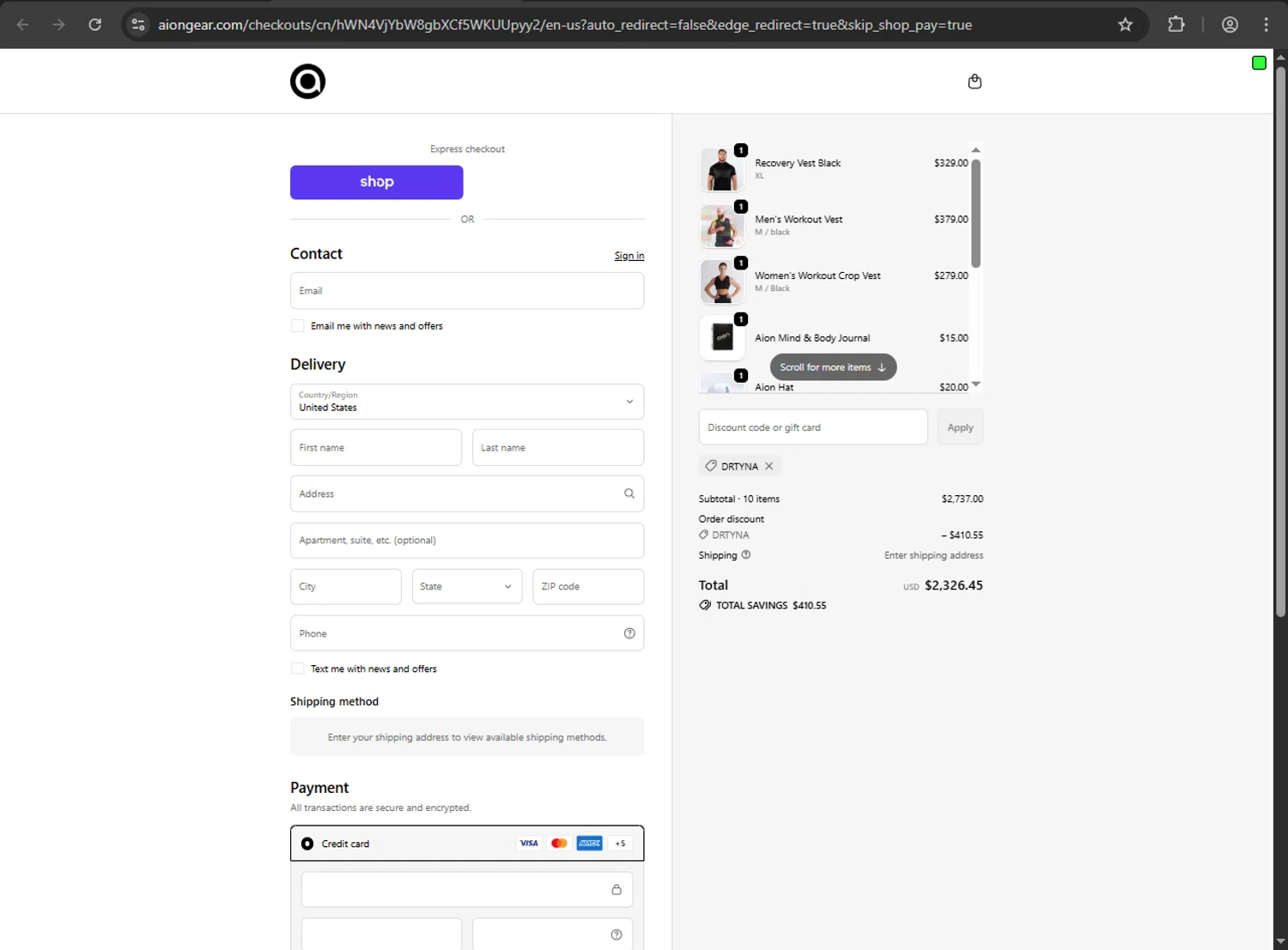 Aion coupon code screenshot showing code DRTYNA applied at Aion checkout page. Uploaded by SimplyCodes community member anthonyramirez1 on Oct 25, 2025