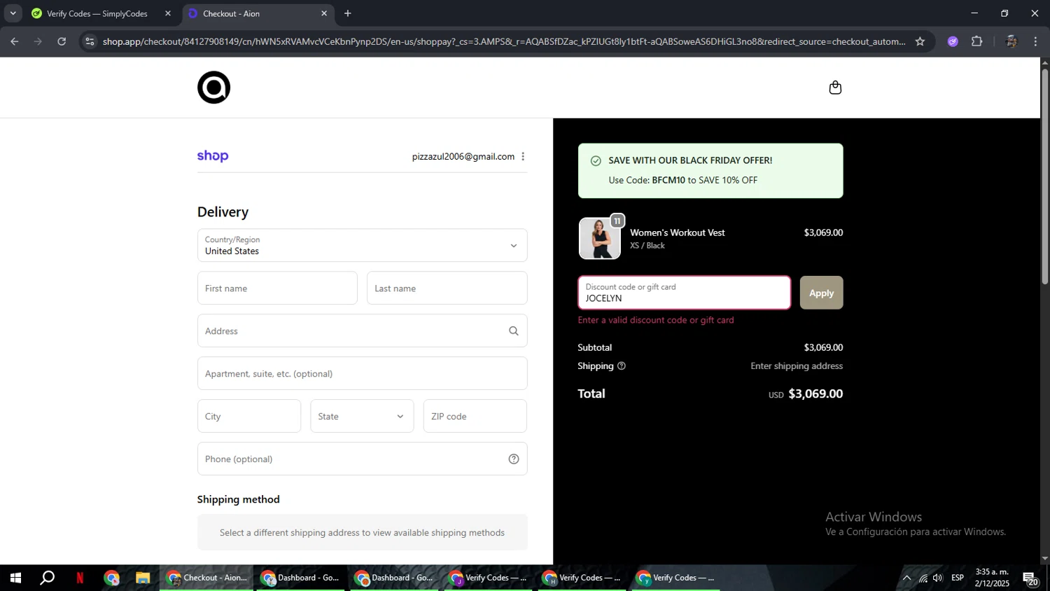 Aion coupon code screenshot showing code JOCELYN applied at Aion checkout page. Uploaded by SimplyCodes community member xxdddd on Dec 2, 2025