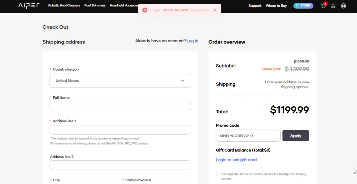 Aiper coupon code screenshot showing code SIMPLYCODESAP10 applied at Aiper checkout page. Uploaded by SimplyCodes community member ligthYA on Apr 3, 2025