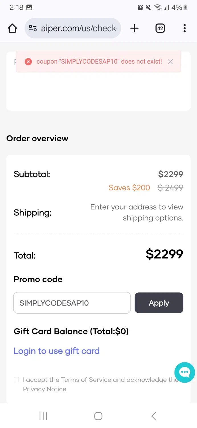 Aiper coupon code screenshot showing code SIMPLYCODESAP10 applied at Aiper checkout page. Uploaded by SimplyCodes community member MeganFox on Apr 3, 2025