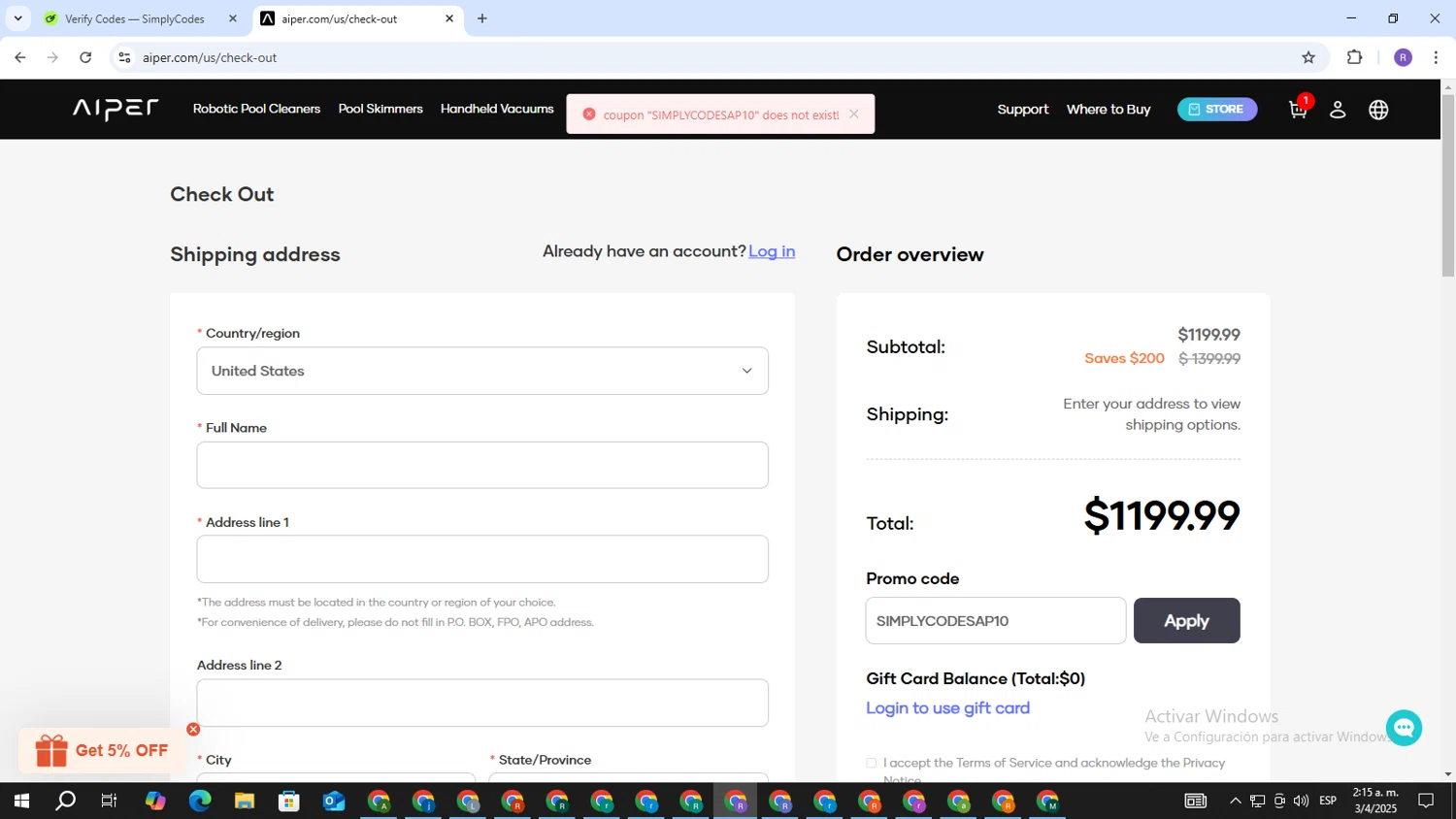 Aiper coupon code screenshot showing code SIMPLYCODESAP10 applied at Aiper checkout page. Uploaded by SimplyCodes community member CouponBoss4754 on Apr 3, 2025