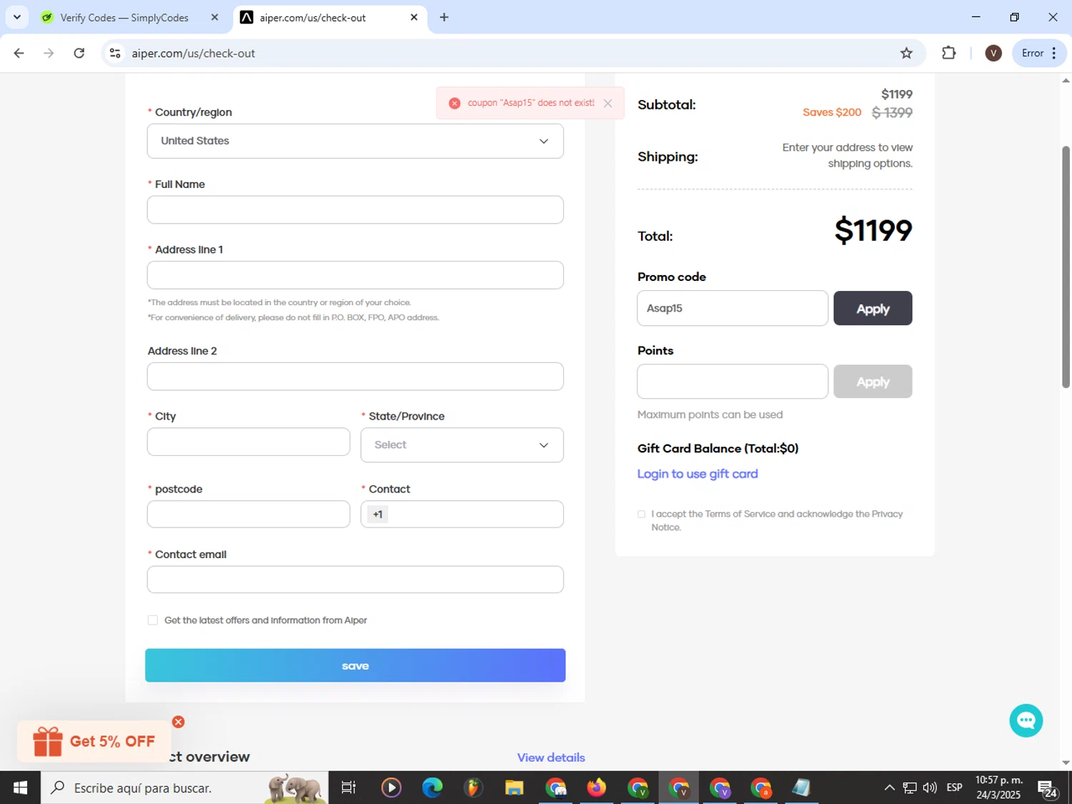 Aiper coupon code screenshot showing code Asap15 applied at Aiper checkout page. Uploaded by SimplyCodes community member CashLion3448 on Mar 25, 2025