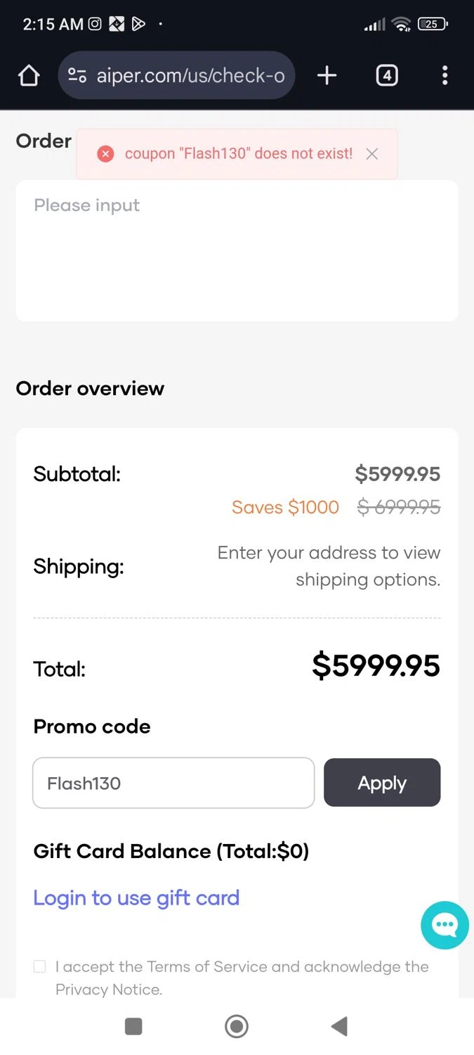 Aiper coupon code screenshot showing code Flash130 applied at Aiper checkout page. Uploaded by SimplyCodes community member Josechirinopena2808 on Apr 3, 2025