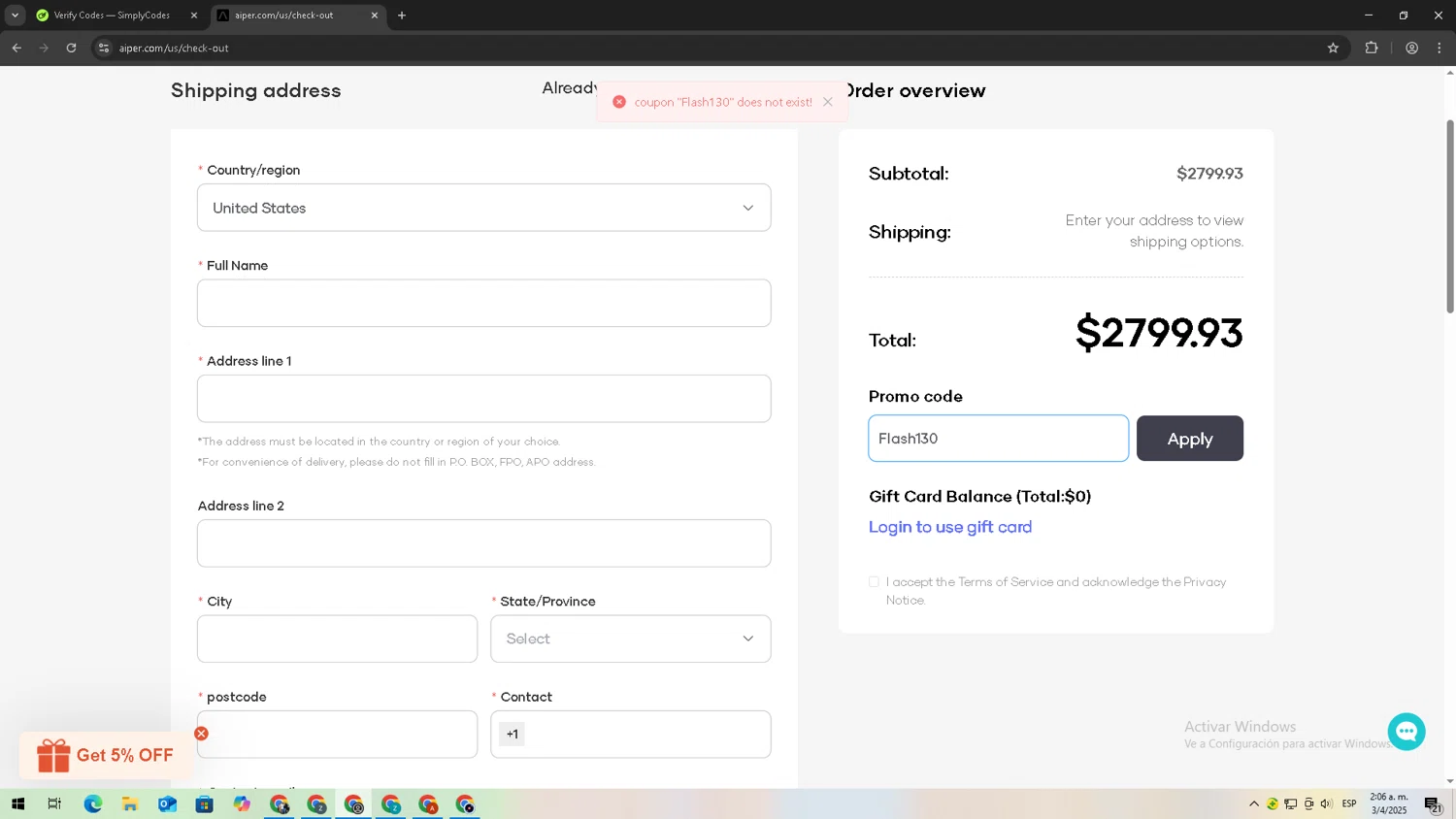 Aiper coupon code screenshot showing code Flash130 applied at Aiper checkout page. Uploaded by SimplyCodes community member TreasureTitan9744 on Apr 3, 2025