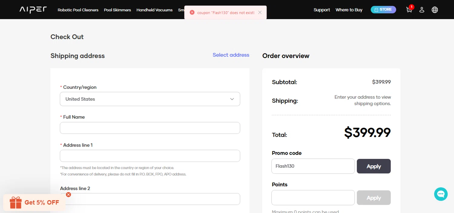 Aiper coupon code screenshot showing code Flash130 applied at Aiper checkout page. Uploaded by SimplyCodes community member QuestNavigator1687 on Apr 3, 2025