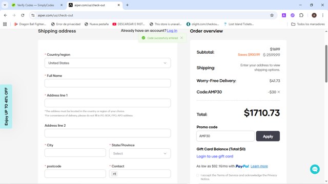 Aiper checkout page showing Aiper coupon code box | Screenshot taken by SimplyCodes community member on Aug 26, 2025