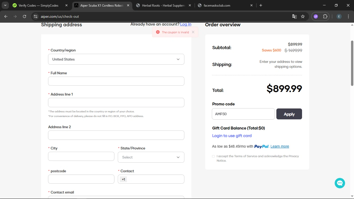 Aiper coupon code screenshot showing code AMP30 applied at Aiper checkout page. Uploaded by SimplyCodes community member LegendaryFox9861 on Aug 26, 2025