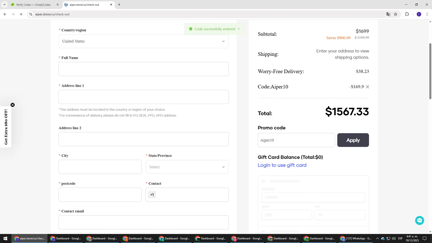 Aiper coupon code screenshot showing code Aiper10 applied at Aiper checkout page. Uploaded by SimplyCodes community member AberthGotopo on Dec 19, 2025