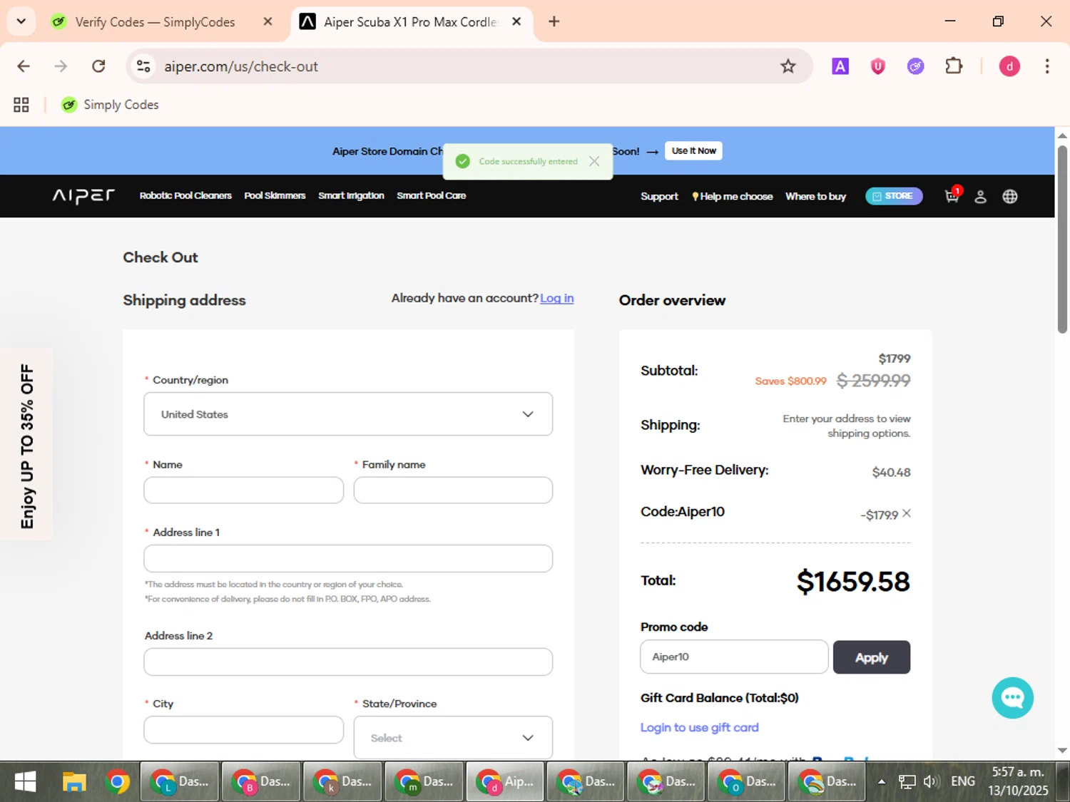 Aiper coupon code screenshot showing code Aiper10 applied at Aiper checkout page. Uploaded by SimplyCodes community member BudgetVoyager5452 on Oct 13, 2025