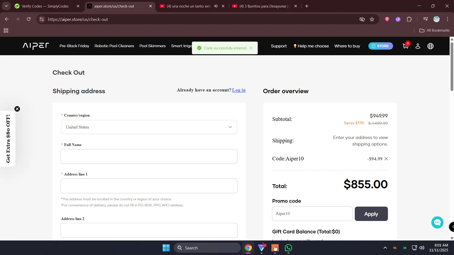 Aiper coupon code screenshot showing code Aiper10 applied at Aiper checkout page. Uploaded by SimplyCodes community member Holadiablo on Nov 11, 2025