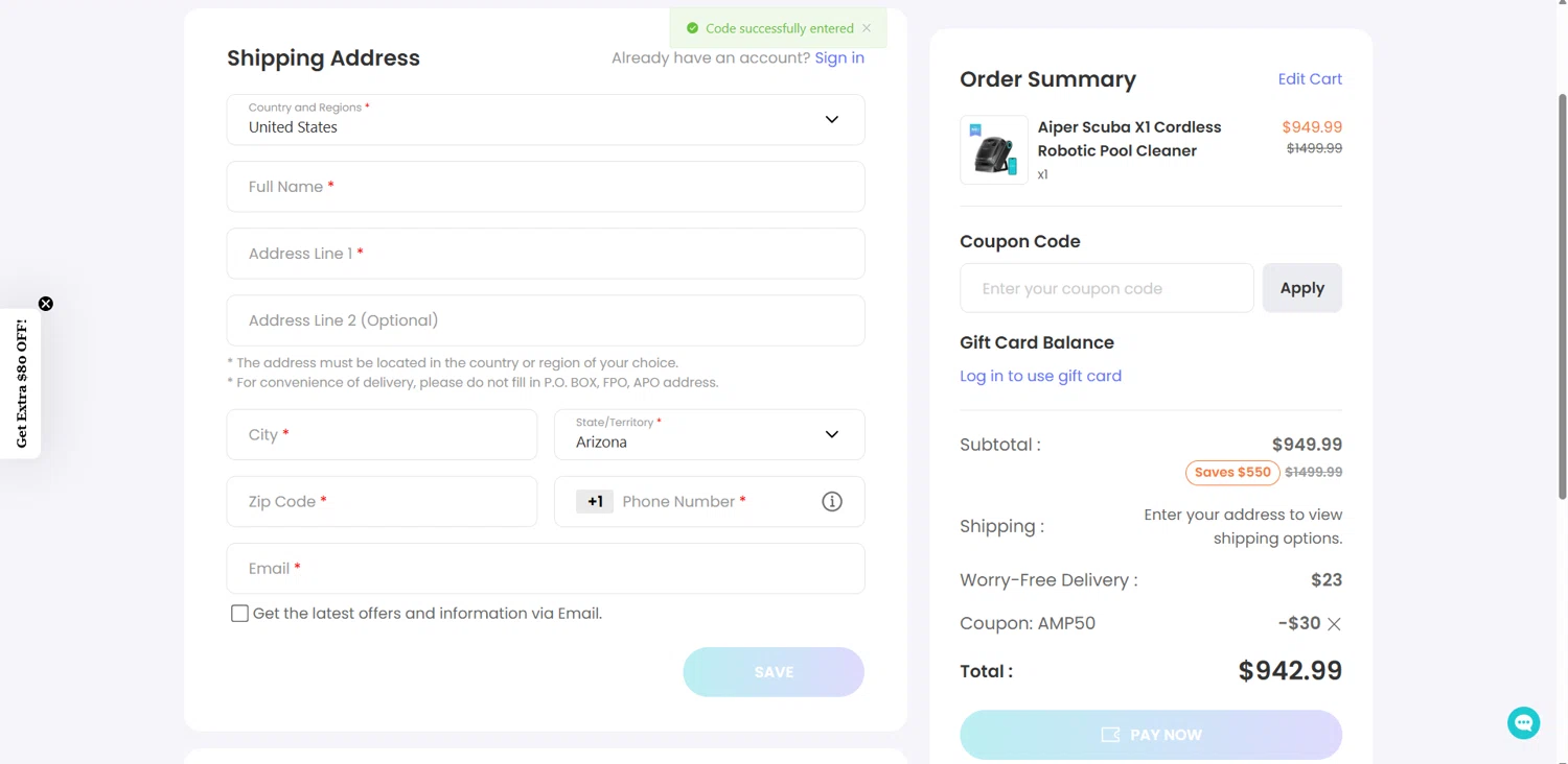 Aiper checkout page showing Aiper coupon code box | Screenshot taken by SimplyCodes community member on Feb 4, 2026