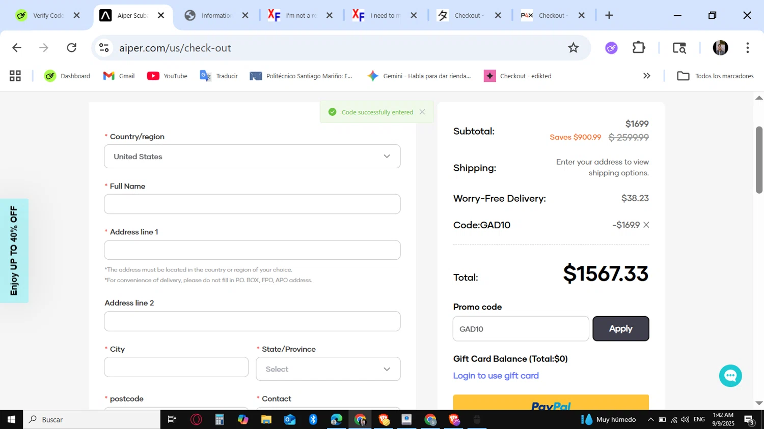 Aiper coupon code screenshot showing code GAD10 applied at Aiper checkout page. Uploaded by SimplyCodes community member KataldoMustafack on Sep 9, 2025