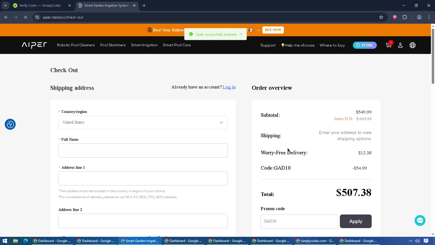 Aiper coupon code screenshot showing code GAD10 applied at Aiper checkout page. Uploaded by SimplyCodes community member PromoScout874 on Oct 26, 2025