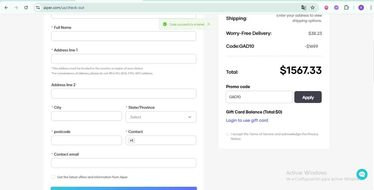 Aiper coupon code screenshot showing code GAD10 applied at Aiper checkout page. Uploaded by SimplyCodes community member ShrewdTiger1887 on Aug 30, 2025
