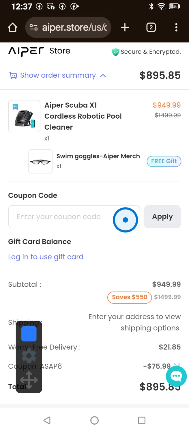 Aiper checkout page showing Aiper coupon code box | Screenshot taken by SimplyCodes community member on Jan 27, 2026
