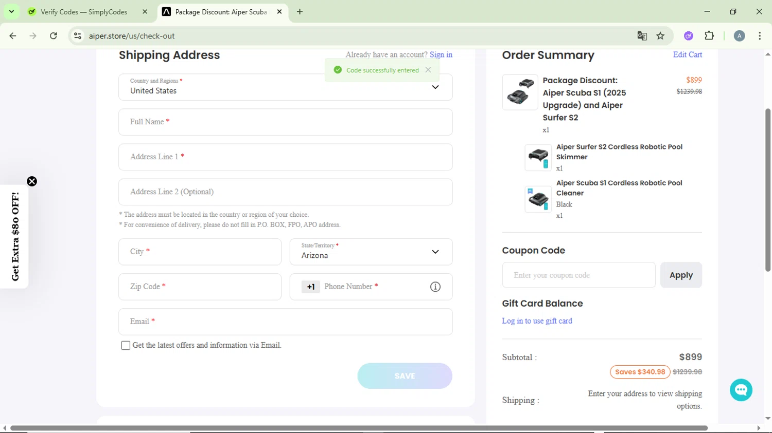 Aiper coupon code screenshot showing code ASAP8 applied at Aiper checkout page. Uploaded by SimplyCodes community member DiscountVirtuoso6243 on Jan 19, 2026