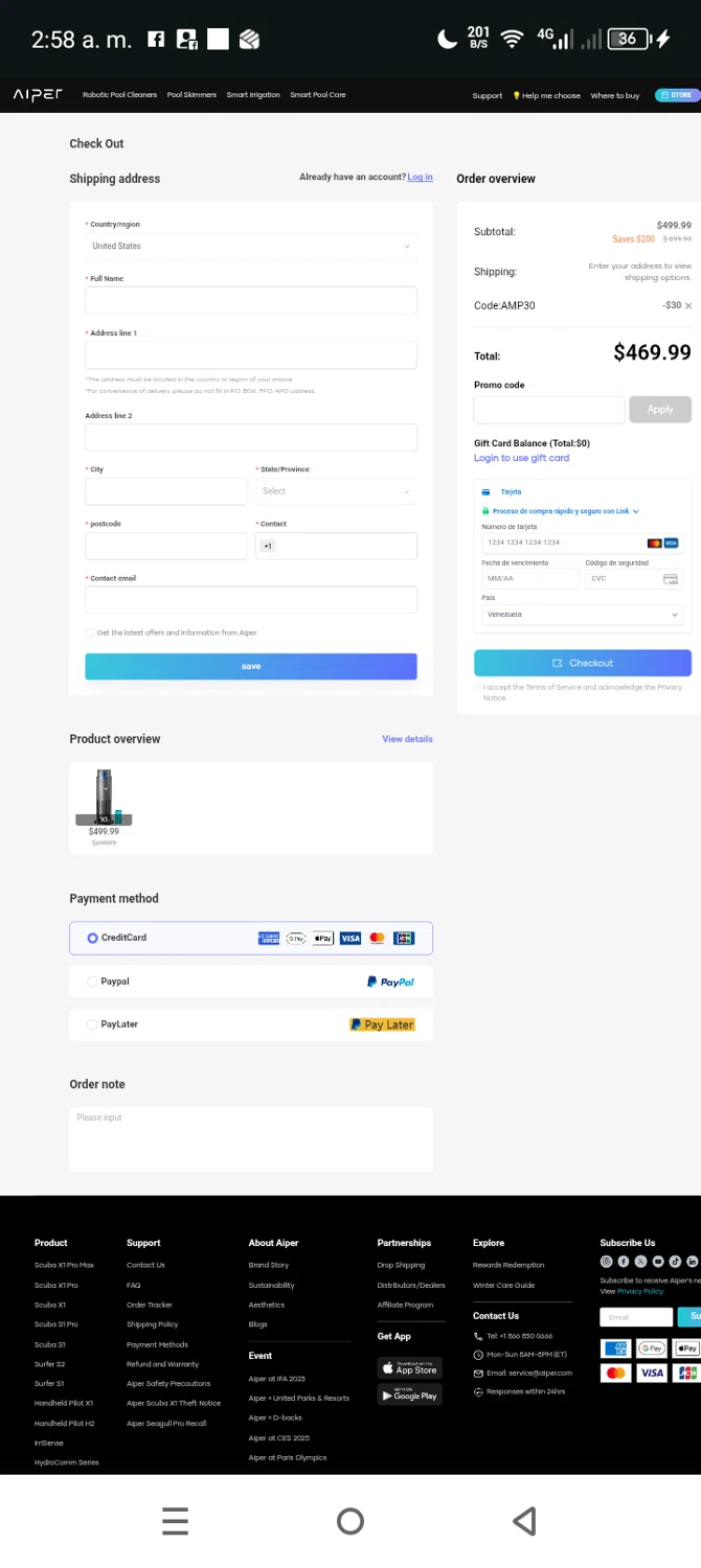 Aiper coupon code screenshot showing code AMP30 applied at Aiper checkout page. Uploaded by SimplyCodes community member Eltoro20 on Nov 6, 2025