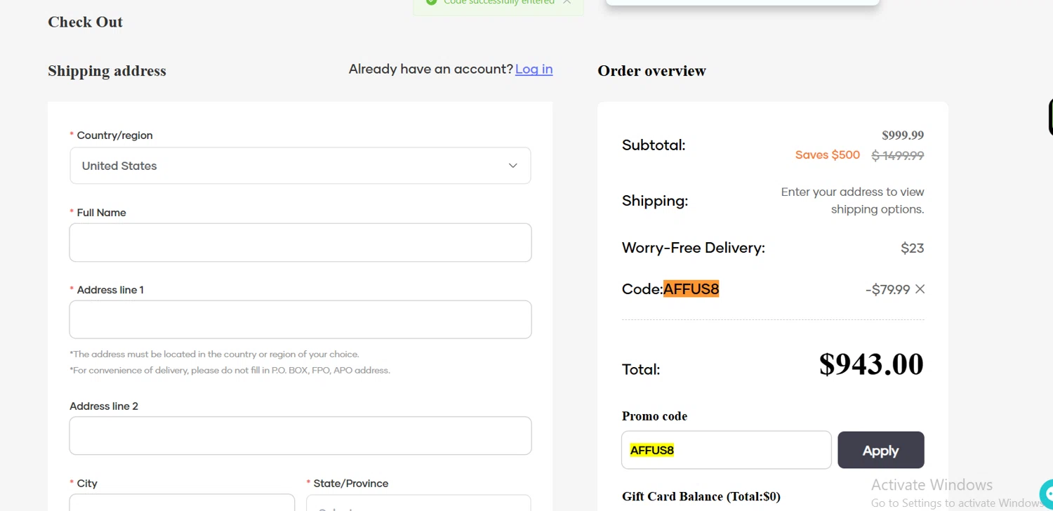 Aiper coupon code screenshot showing code AFFUS8 applied at Aiper checkout page. Uploaded by SimplyCodes community member Lioniel on Sep 12, 2025