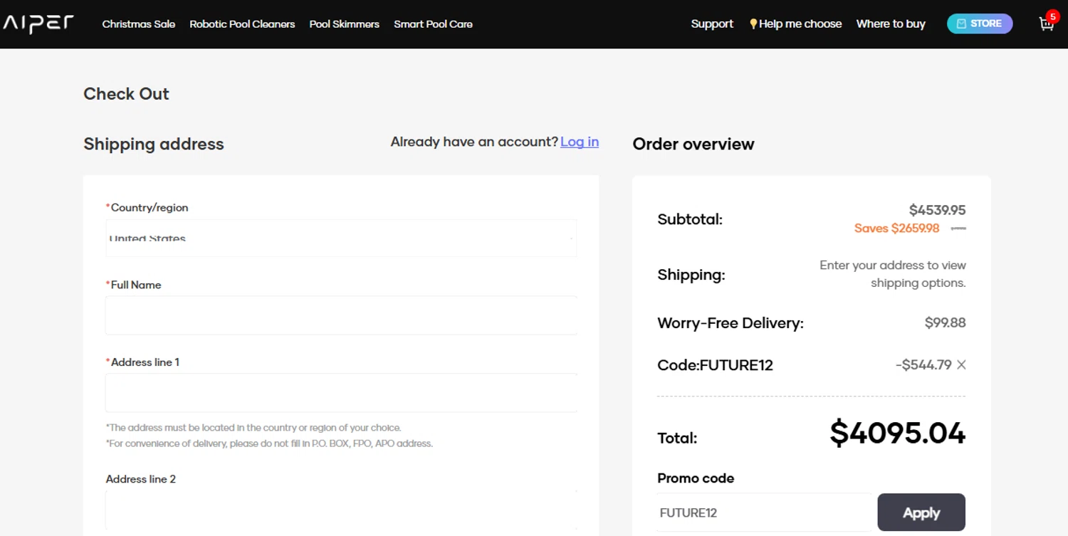 Aiper coupon code screenshot showing code FUTURE12 applied at Aiper checkout page. Uploaded by SimplyCodes community member SwiftShopper8601 on Dec 17, 2025