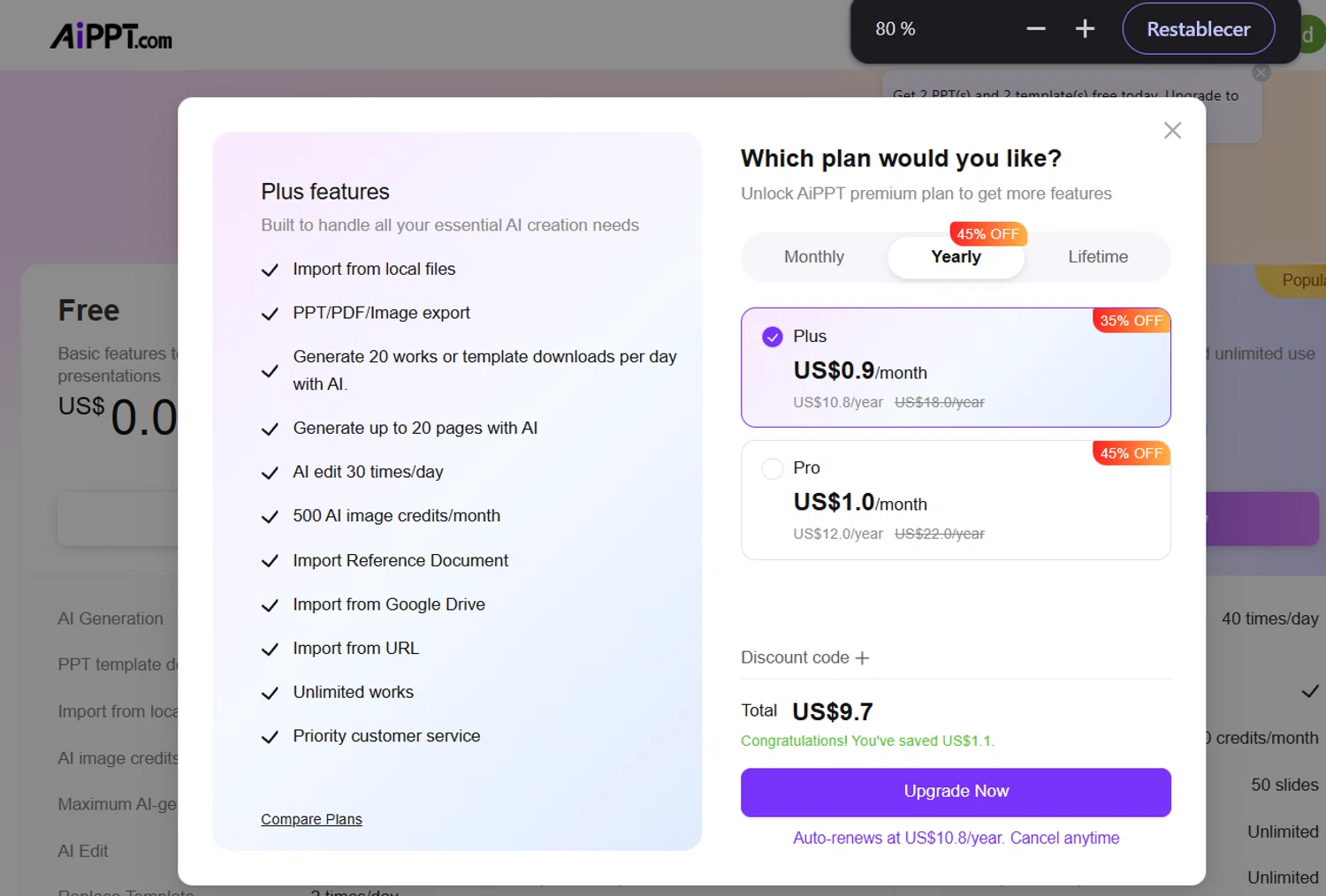 AiPPT promo code screenshot showing code MOHINI10 applied at AiPPT checkout page. Uploaded by SimplyCodes community member CashElite5536 on Nov 18, 2025