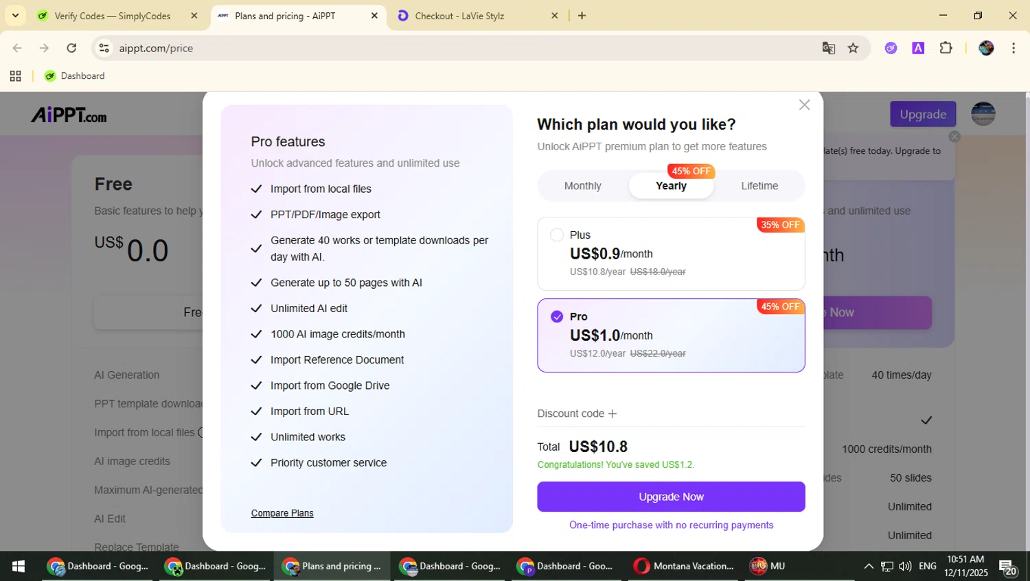 AiPPT promo code screenshot showing code AIPPTOFFER applied at AiPPT checkout page. Uploaded by SimplyCodes community member Typhlosion on Dec 11, 2025