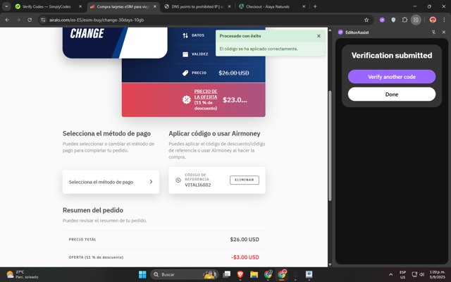 Airalo checkout page showing Airalo discount code box | Screenshot taken by SimplyCodes community member on Sep 5, 2025