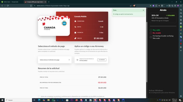 Airalo checkout page showing Airalo discount code box | Screenshot taken by SimplyCodes community member on Sep 4, 2025
