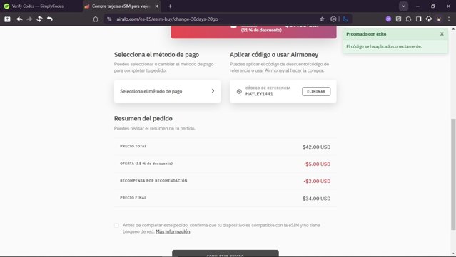 Airalo checkout page showing Airalo discount code box | Screenshot taken by SimplyCodes community member on Sep 1, 2025