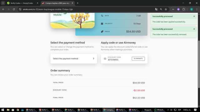 Airalo checkout page showing Airalo discount code box | Screenshot taken by SimplyCodes community member on Aug 25, 2025