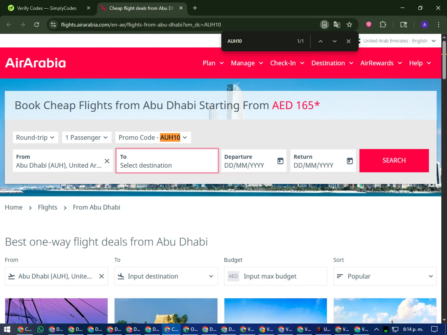 Air Arabia promo code screenshot showing code AUH10 applied at Air Arabia checkout page. Uploaded by SimplyCodes community member MagnificentWarden4603 on Oct 17, 2025