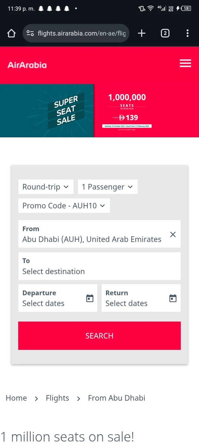 Air Arabia checkout page showing Air Arabia promo code box | Screenshot taken by SimplyCodes community member on Sep 29, 2025