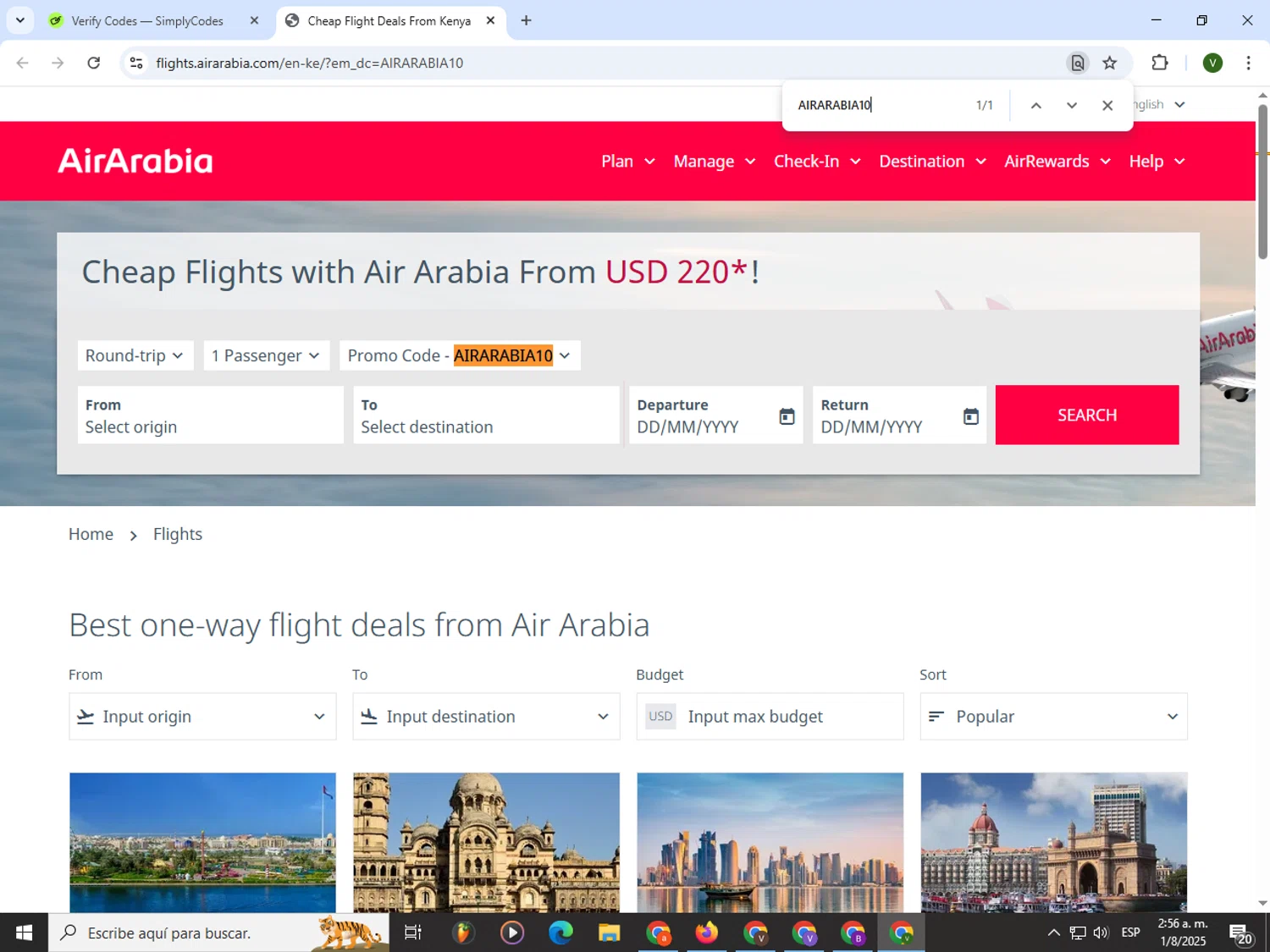 Air Arabia promo code screenshot showing code AIRARABIA10 applied at Air Arabia checkout page. Uploaded by SimplyCodes community member PrimeWizard4168 on Aug 1, 2025