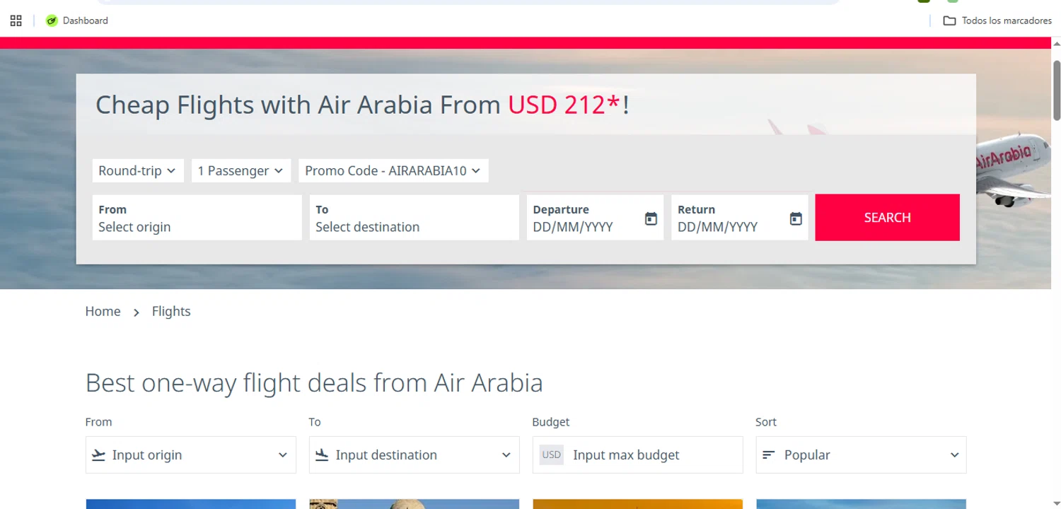 Air Arabia promo code screenshot showing code AIRARABIA10 applied at Air Arabia checkout page. Uploaded by SimplyCodes community member Speedy on Sep 17, 2025