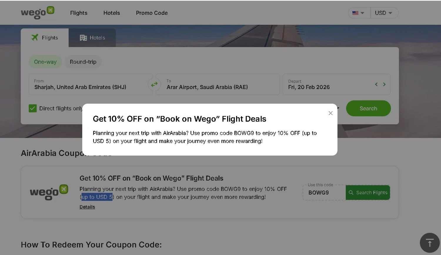 Air Arabia promo code screenshot showing code BOWG9 applied at Air Arabia checkout page. Uploaded by SimplyCodes community member LAMINEJAMAL on Jan 21, 2026